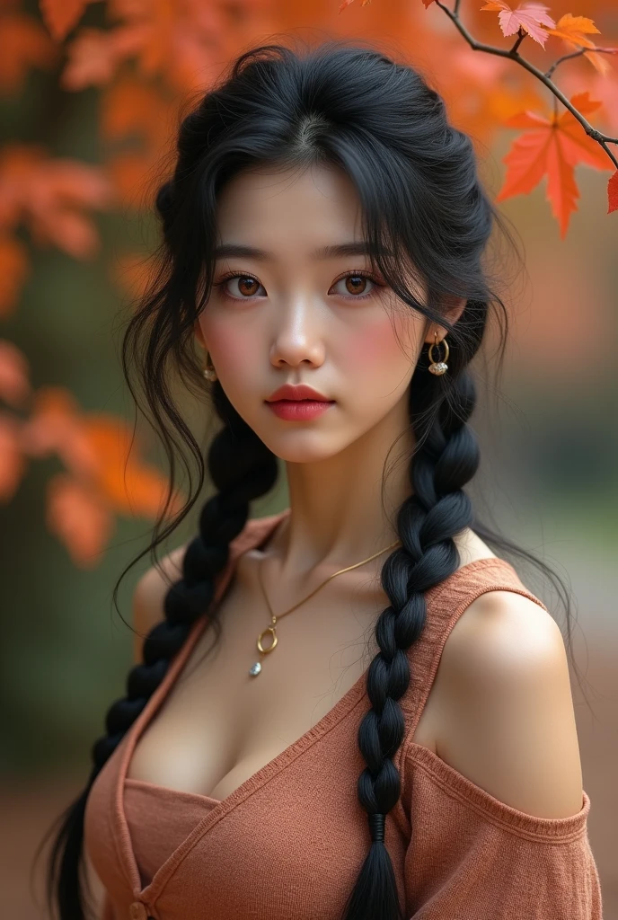 Highest quality、High resolution、Detailed Background、Realistic、RAW Photos、(Beautiful face in every detail:1.4)、Detailed red eyes、Normal number of fingers、Highly detailed face、Detailed eyes、Japan beauties in their 20s、Huge breasts、Black Hair、Braided long hair、Wavy Hair、Cute hairstyle、Perfect body line、Cute Eye Makeup、Cute Lip Makeup、Calm atmosphere、Knitted dress、

(As the cool autumn breeze blows、Autumnal leaves々A beautiful woman posing as a model against the background:1.5)、

We recommend a midi length A-line silhouette.、The loose silhouette creates a feminine look.、The knit material is a soft cashmere blend that gives a stylish and elegant impression.、The colors are deep autumnal browns and greens.、Beige is recommended、The calm colors bring out the mature look.、For accessories, simple gold or silver necklaces and earrings are good choices.、Knitted dressに合わせることで上品な雰囲気を演出できます、For your feet, we recommend suede short boots or slip-on sneakers.、Cashmere short coats and cardigans are stylish、Choose a similar or contrasting color to match your dress for an elegant look.、very beautiful