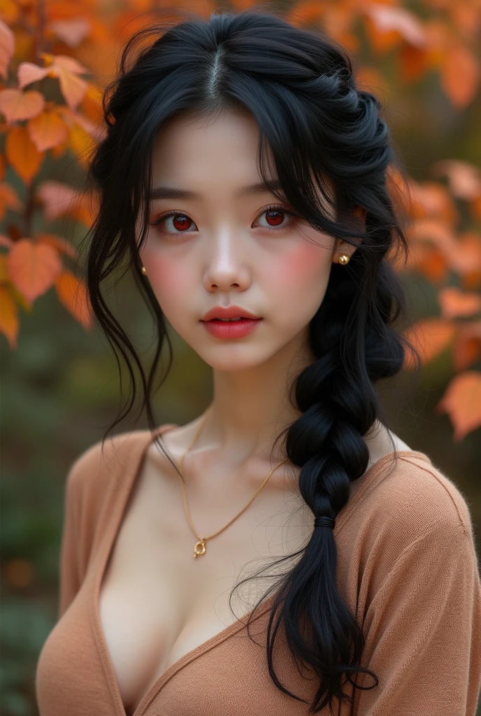 Highest quality、High resolution、Detailed Background、Realistic、RAW Photos、(Beautiful face in every detail:1.4)、Detailed red eyes、Normal number of fingers、Highly detailed face、Detailed eyes、Japan beauties in their 20s、Huge breasts、Black Hair、Braided long hair、Wavy Hair、Cute hairstyle、Perfect body line、Cute Eye Makeup、Cute Lip Makeup、Calm atmosphere、Knitted dress、
(As the cool autumn breeze blows、Autumnal leaves々A beautiful woman posing as a model against the background:1.5)、
We recommend a midi length A-line silhouette.、The loose silhouette creates a feminine look.、The knit material is a soft cashmere blend that gives a stylish and elegant impression.、The colors are deep autumnal browns and greens.、Beige is recommended、The calm colors bring out the mature look.、For accessories, simple gold or silver necklaces and earrings are good choices.、Knitted dressに合わせることで上品な雰囲気を演出できます、For your feet, we recommend suede short boots or slip-on sneakers.、Cashmere short coats and cardigans are stylish、Choose a similar or contrasting color to match your dress for an elegant look.、very beautiful