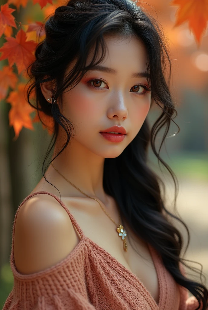 Highest quality、High resolution、Detailed Background、Realistic、RAW Photos、(Beautiful face in every detail:1.4)、Detailed red eyes、Normal number of fingers、Highly detailed face、Detailed eyes、Japan beauties in their 20s、Huge breasts、Black Hair、Braided long hair、Wavy Hair、Cute hairstyle、Perfect body line、Cute Eye Makeup、Cute Lip Makeup、Calm atmosphere、Knitted dress、
(As the cool autumn breeze blows、Autumnal leaves々A beautiful woman posing as a model against the background:1.5)、
We recommend a midi length A-line silhouette.、The loose silhouette creates a feminine look.、The knit material is a soft cashmere blend that gives a stylish and elegant impression.、The colors are deep autumnal browns and greens.、Beige is recommended、The calm colors bring out the mature look.、For accessories, simple gold or silver necklaces and earrings are good choices.、Knitted dressに合わせることで上品な雰囲気を演出できます、For your feet, we recommend suede short boots or slip-on sneakers.、Cashmere short coats and cardigans are stylish、Choose a similar or contrasting color to match your dress for an elegant look.、very beautiful