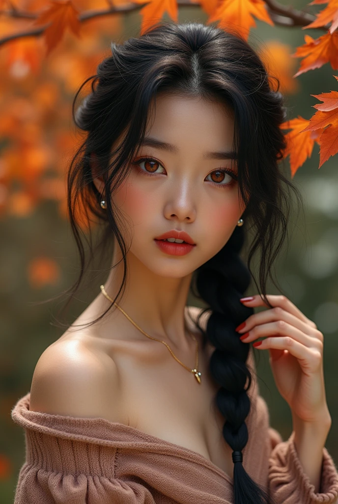 Highest quality、High resolution、Detailed Background、Realistic、RAW Photos、(Beautiful face in every detail:1.4)、Detailed red eyes、Normal number of fingers、Highly detailed face、Detailed eyes、Japan beauties in their 20s、Huge breasts、Black Hair、Braided long hair、Wavy Hair、Cute hairstyle、Perfect body line、Cute Eye Makeup、Cute Lip Makeup、Calm atmosphere、Knitted dress、
(As the cool autumn breeze blows、Autumnal leaves々A beautiful woman posing as a model against the background:1.5)、
We recommend a midi length A-line silhouette.、The loose silhouette creates a feminine look.、The knit material is a soft cashmere blend that gives a stylish and elegant impression.、The colors are deep autumnal browns and greens.、Beige is recommended、The calm colors bring out the mature look.、For accessories, simple gold or silver necklaces and earrings are good choices.、Knitted dressに合わせることで上品な雰囲気を演出できます、For your feet, we recommend suede short boots or slip-on sneakers.、Cashmere short coats and cardigans are stylish、Choose a similar or contrasting color to match your dress for an elegant look.、very beautiful