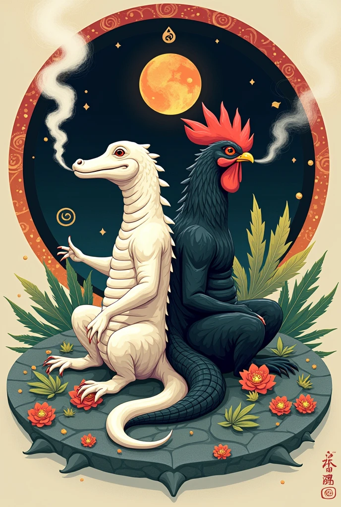Crocodile and a rooster back to back smoking marijuana in Japanese ying yang style art with chakras