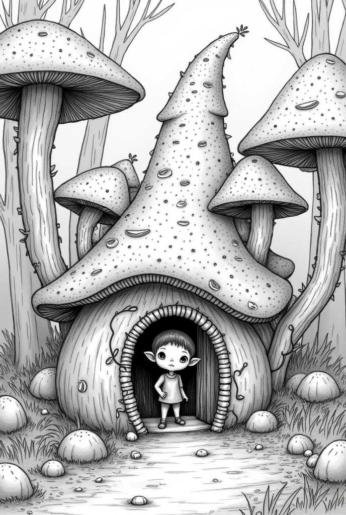 Elf in his mushroom house. Image made in black and white so we can color it with ink after printing