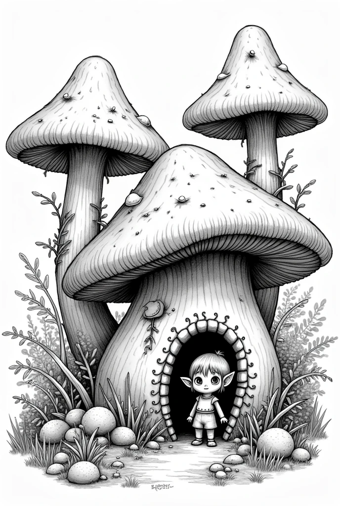 Elf in his mushroom house. Image made in black and white so we can color it with ink after printing