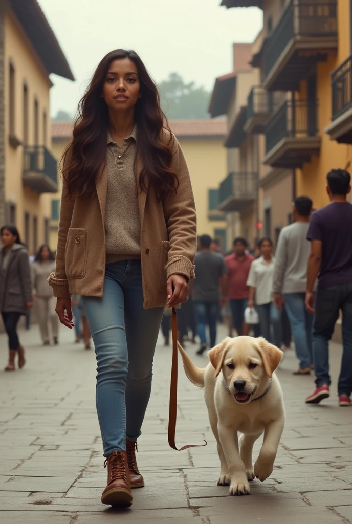 Realistic photo of dark skinned Latina woman, Long wavy brown hair walking with her Labrador puppy through the square