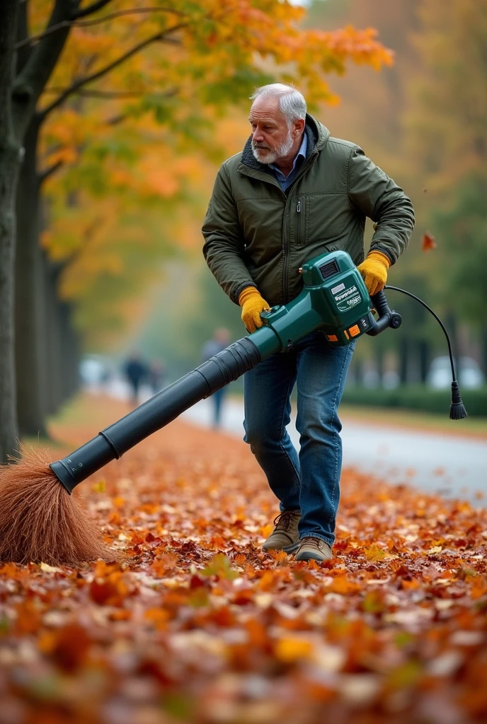 Create an image of a man blowing leaves with a PARKSIDE Elektisk leaf blower/lövsugare 2200 w dark green