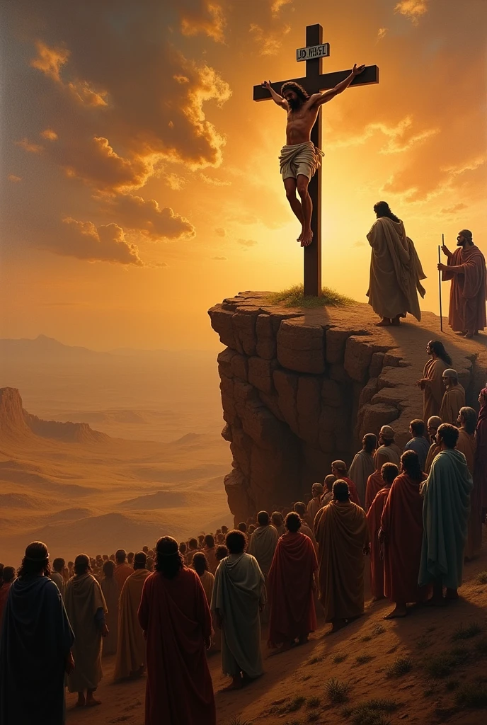 Jesus Christ on the cross on top of a cliff, and below a crowd of people from all over the world , On an almost night-time evening in the desert the sky is in shades of orange, looking at christ in perspective of the scene behind the cross to the crowd
