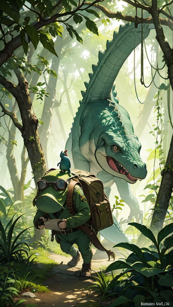 "A small, adventurous dinosaur with a playful demeanor, wearing a backpack and aviator goggles. The dinosaur, about the size of a young raptor, has a curious and excited expression, ready for exploration. The backpack is filled with tiny explorer's tools, like a map peeking out and a small canteen attached to the side. The aviator goggles rest snugly over its eyes, giving it a vintage explorer look. The scene is set in a dense jungle, with tall ferns and vines, and a path ahead that suggests a grand adventure. The colors are vibrant, with the dinosaur in shades of green, and the accessories in earthy tones, creating a lively and adventurous atmosphere."
