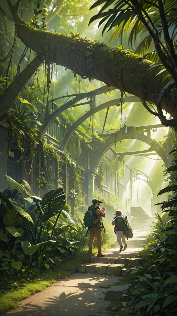 "A small, adventurous dinosaur with a playful demeanor, wearing a backpack and aviator goggles. The dinosaur, about the size of a young raptor, has a curious and excited expression, ready for exploration. The backpack is filled with tiny explorer's tools, like a map peeking out and a small canteen attached to the side. The aviator goggles rest snugly over its eyes, giving it a vintage explorer look. The scene is set in a dense jungle, with tall ferns and vines, and a path ahead that suggests a grand adventure. The colors are vibrant, with the dinosaur in shades of green, and the accessories in earthy tones, creating a lively and adventurous atmosphere."