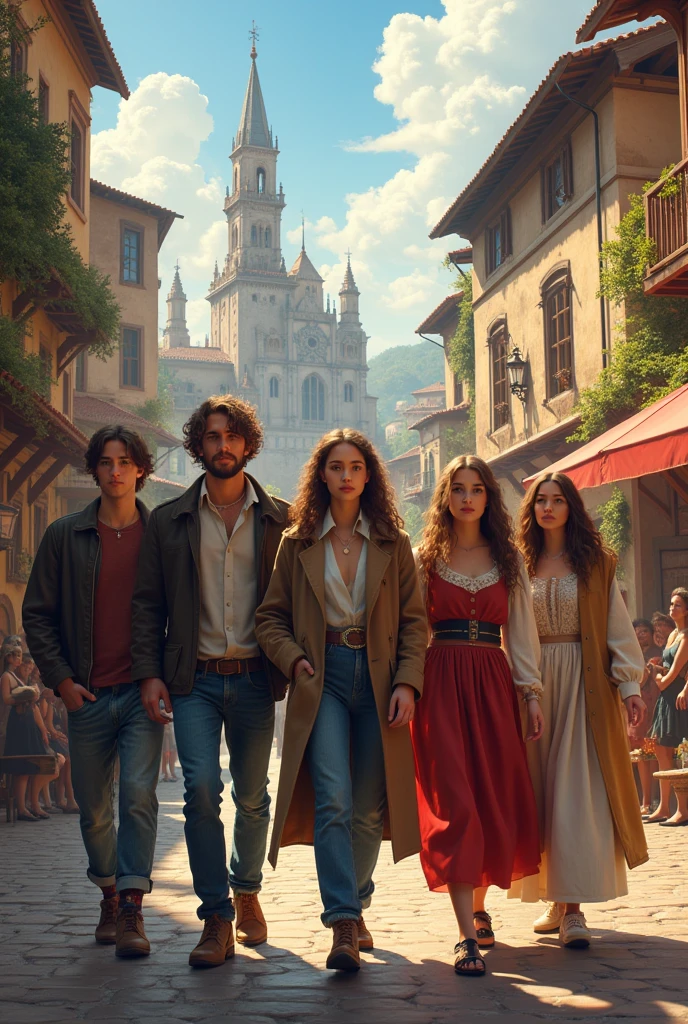 Group of 5 friends 2 men and 3 women agers of the 21st century walking in the time of the renaissance