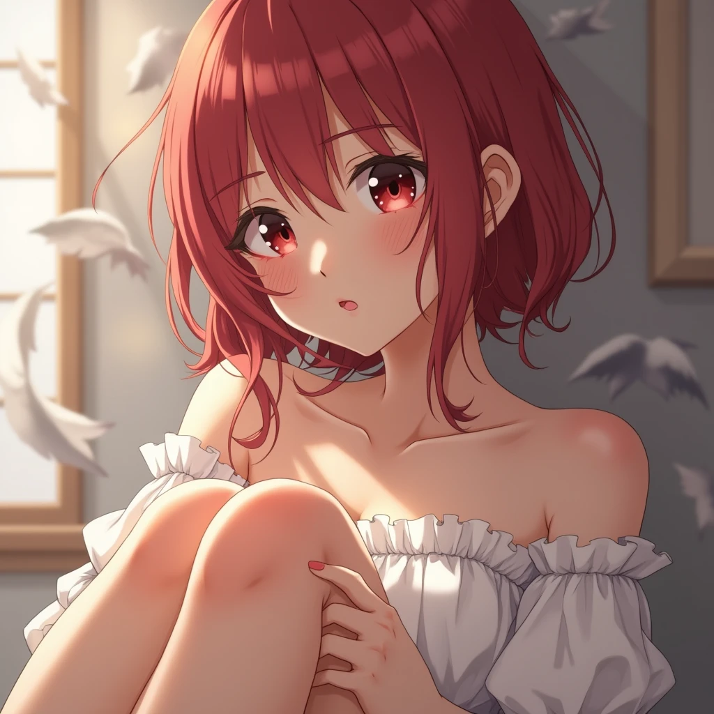 Foot of a cute anime girl with soft red hair and burgundy eyes (let not only the foot of the anime girl but also other parts of the anime girl be seen)