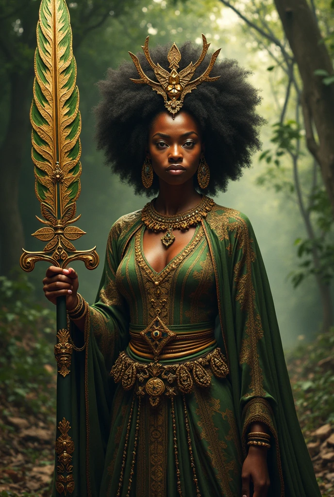 Black woman posing for a photo with a leaf called Iansã's sword