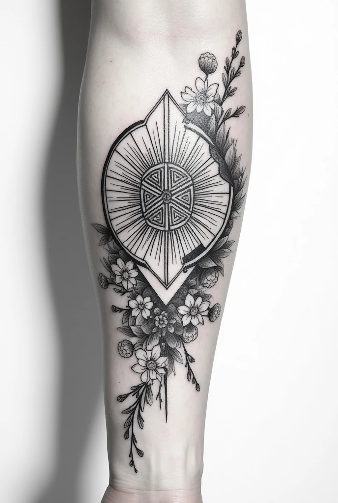 Geometric mandala tattoo with points on the elbow with Japanese waves and cherry blossoms on the arm and forearm for a man in black and white, the mandala on the elbow not in the center
