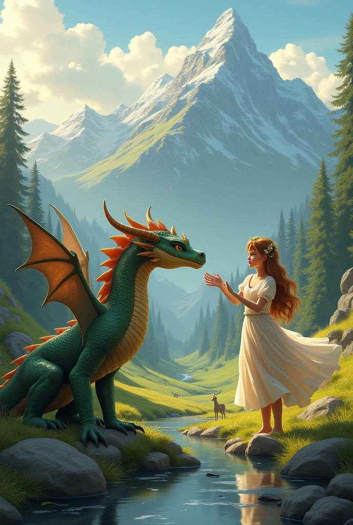 Create a landscape where there is a dragon and a princess with honey brown hair, that the dragon and the princess are friends that is more realistic