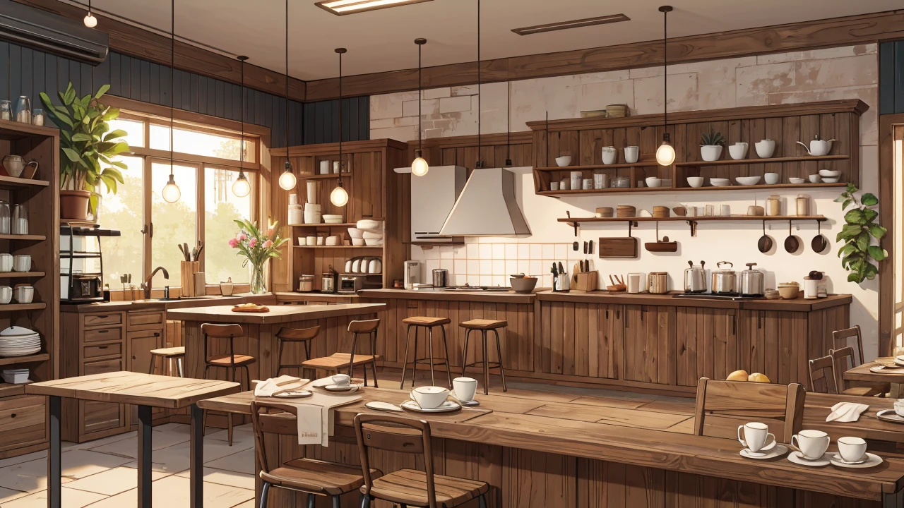 zoomed out, background, café, rustic, modern, sleek design, simple design, store interior, relaxed atmosphere, tables and chairs, counter, glass display, empty, back room, door to the kitchen, a more relaxed area over to the left with sofas and tables, lighting, ceiling lights, menu, display