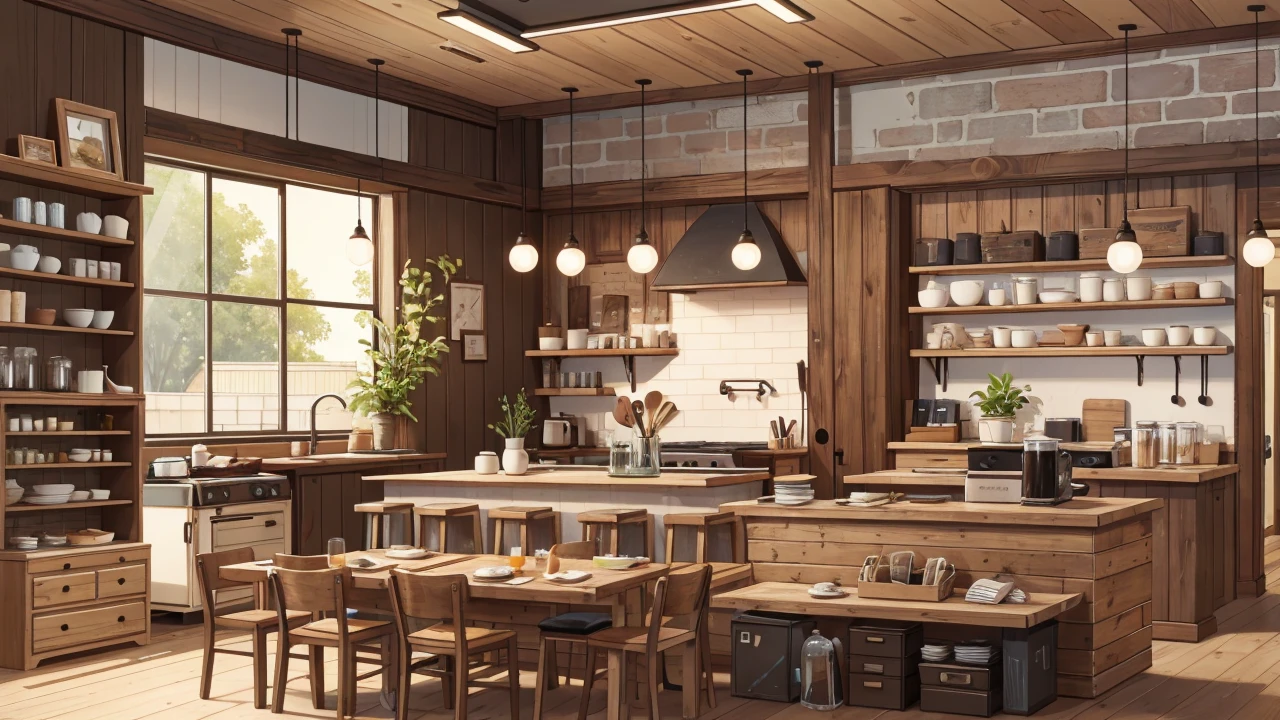 zoomed out, background, café, rustic, modern, sleek design, simple design, store interior, relaxed atmosphere, tables and chairs, counter, glass display, empty, back room, door to the kitchen, a more relaxed area over to the left with sofas and tables, lighting, ceiling lights, menu, display