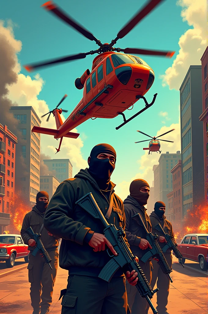 game cover, Faction, BANDITS IN AN African twin, brazil, helicopter escape, gta style, No realism,