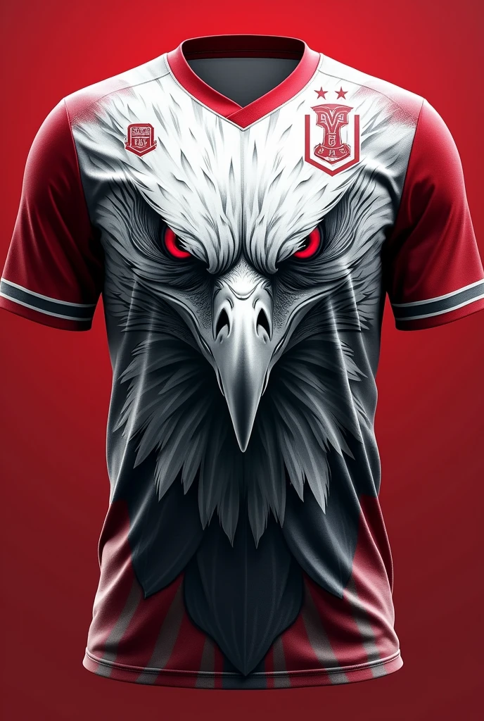 Generate a sports jersey with a large, fierce eagle design on the front, using sharp and detailed feather strokes in shades of white and gray. The eagle should be the main focus, placed against a rich red and white backdrop. The jersey should red and white color feature a simple V-neck collar and red sleeves. Add a small badge-like emblem above the eagle's head on the left side."