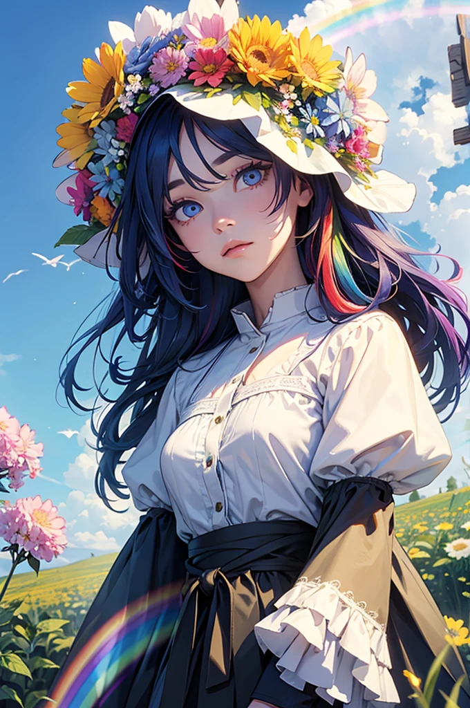 A girl with long rainbow hair, odd eyes, upper body, flower field, big flower, fantasy, blue sky