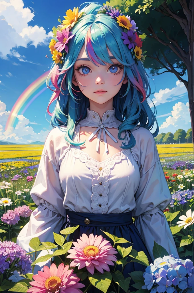 A girl with long rainbow hair, odd eyes, upper body, flower field, big flower, fantasy, blue sky
