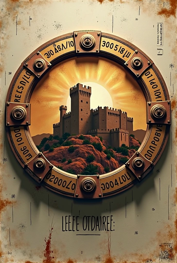 Creates the image of a circular shield, on the outside, surrounding the shield is written the year 2000, 2001, 2002, 2003, 2004, 2005, 2006, 2007, 2008, 2009 and 2010.
A banner underneath written: a journey through time, In Portuguese.
And above a figure of a fortress And in the center written: go away