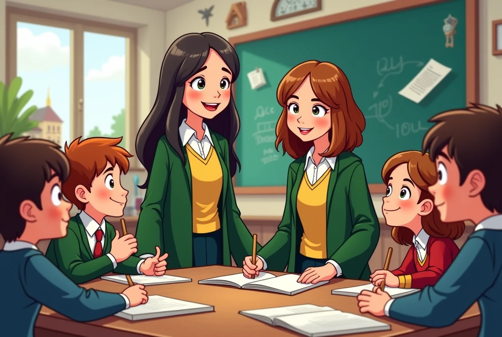 Horizontal image of a black-haired female Hufflepuff teacher and a brown-haired female Slytherin teacher and various . in a fun class at hogwarts with cartoon design