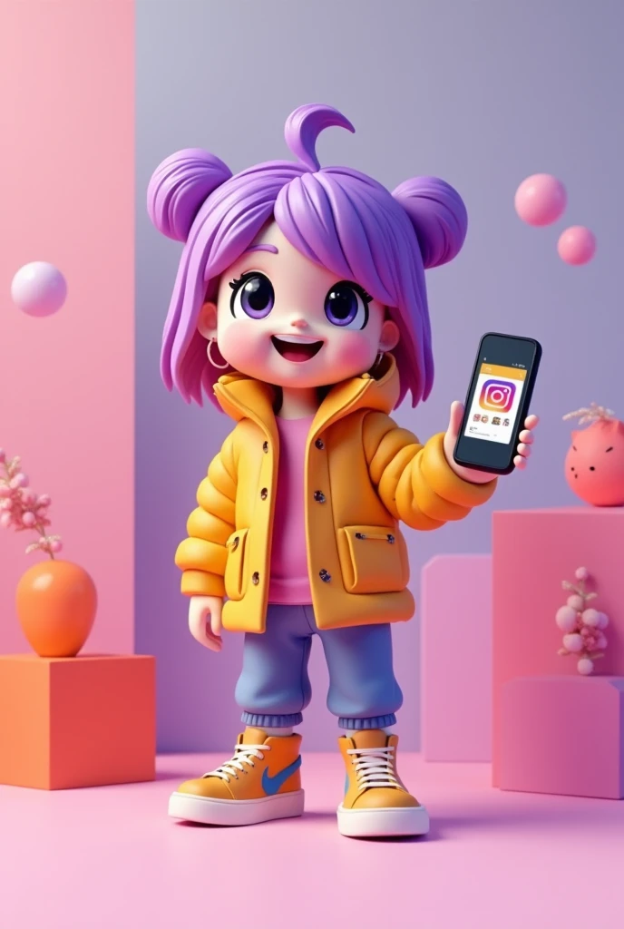 Create an anthropomorphized character representing Instagram. The character should have a sleek, modern appearance with a minimalist design. Incorporate the Instagram logo colors—purple, pink, orange, and yellow—into their clothing and accessories. The character could wear trendy, stylish clothes, holding a smartphone with the Instagram interface visible. Their personality should exude creativity and connection, with a friendly and approachable expression. The background can be abstract, featuring soft gradients and subtle references to photography or social media, emphasizing the digital and creative aspects."
