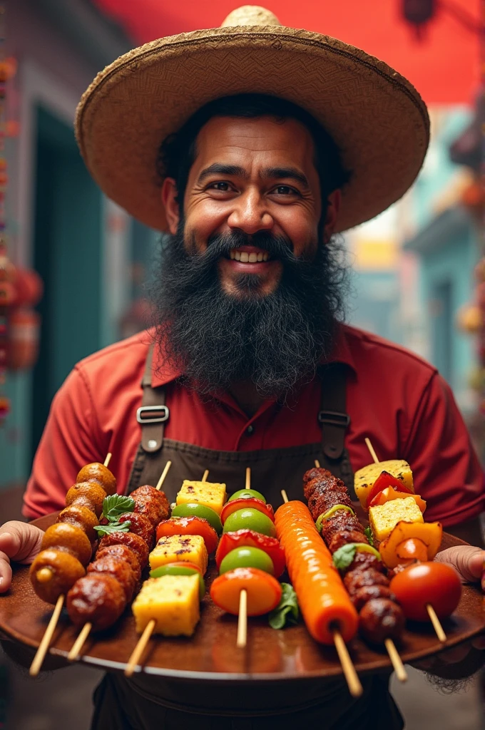 Mexican man with beard, with meat and fruit skewers in their hands