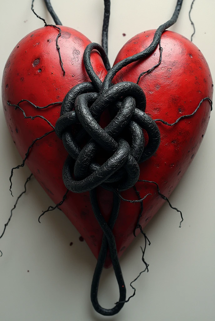 . Image of a heart with a knot:
 
- Image: A deep red heart, with a black knot tangled in its center. The knot must be complex and suggest a hidden story..
- Color: Deep red for the heart, black for the knot. A touch of grey or brown can be used to give a more realistic effect..
- Contrast: The black knot should contrast with the deep red of the heart., creating a visually striking effect.