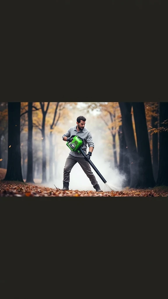Create image with man blowing leaves with a 2200w PARKSIDE green blower the blower 