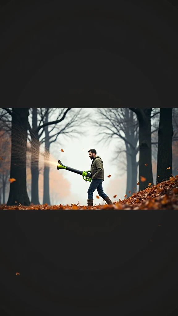 Create image with man blowing leaves with a 2200w PARKSIDE green blower the blower 