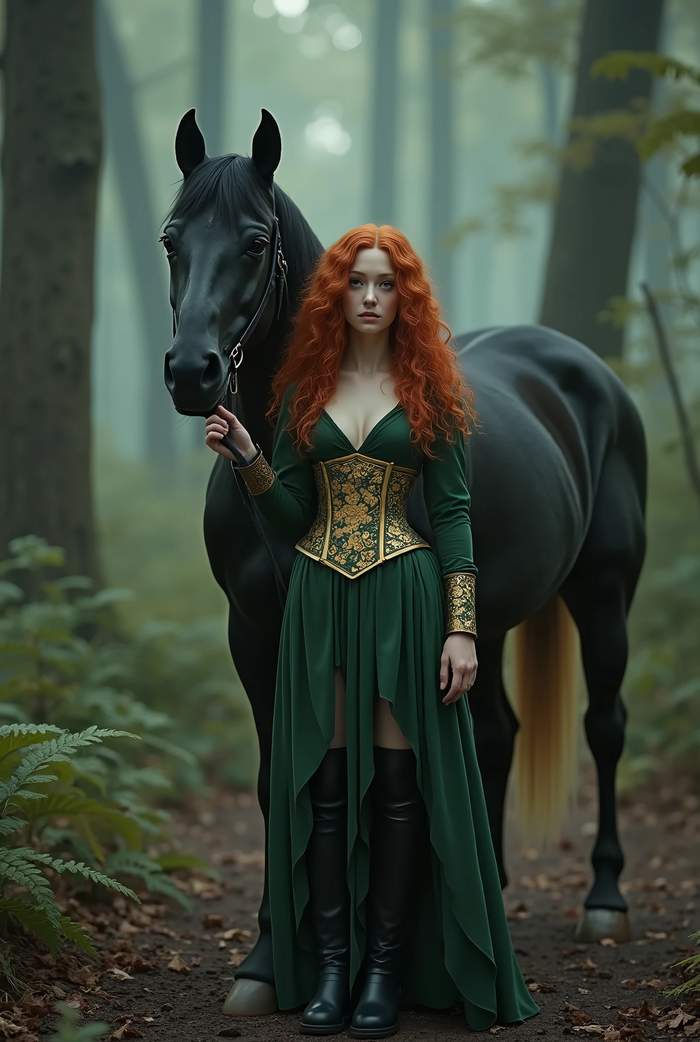 (Photorealism 2:3)1 girl, red curly long hair, pale skin tone, green dress with long sleeve with a armor corset with gold flower printed on it, black leather knee-high boots, standing in the middle of a eerie woods, beside a black horse its golden hair color