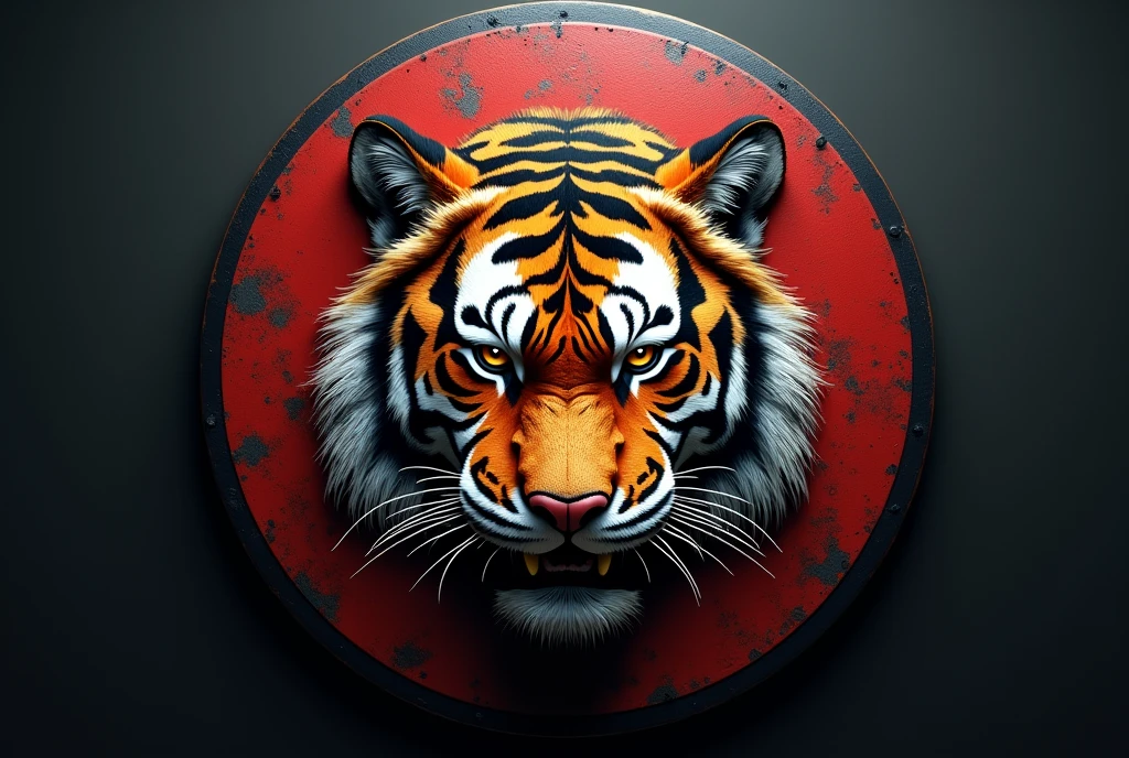 **Prompt:** A hyper-realistic karate shield featuring the face of a ferocious tiger. The tiger is portrayed with impressive realism, with piercing eyes, detailed coat and powerful expression, representing strength and agility. The tiger's face is centered on the shield, Occupying most of the space. ao redor, the name "KARATE DO TIGRE" is engraved in robust letters, with a traditional and elegant font, evoking the essence of martial arts. The shield has a dark background with subtle textures, making the tiger and the text stand out brightly.