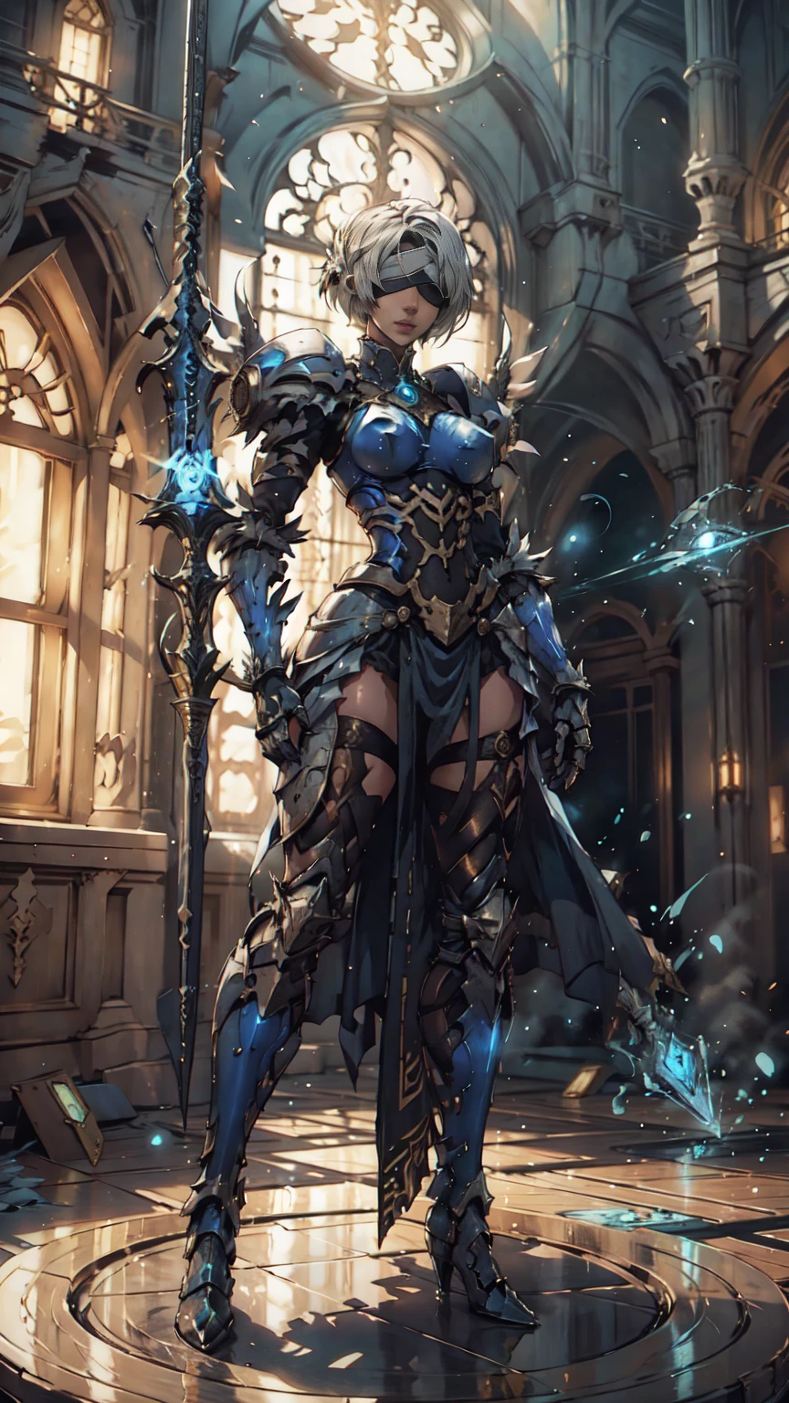 Make a 'kitbash' of Lenneth from 'Valkyrie profile' and 2B from 'Nier: Automata', combine 2B and Lenneth, solo, 1girl, BREAK: ((bright sapphire blue plate mech4rmor)), (boob window), thigh cutout, long skirt, (blindfold:1.27), wings, BREAK: standing contrapposto, (holding glowing spear), light smile, BREAK: plains, castle, BREAK: (better hands, best hands,) (insanely detailed, masterpiece, best quality)