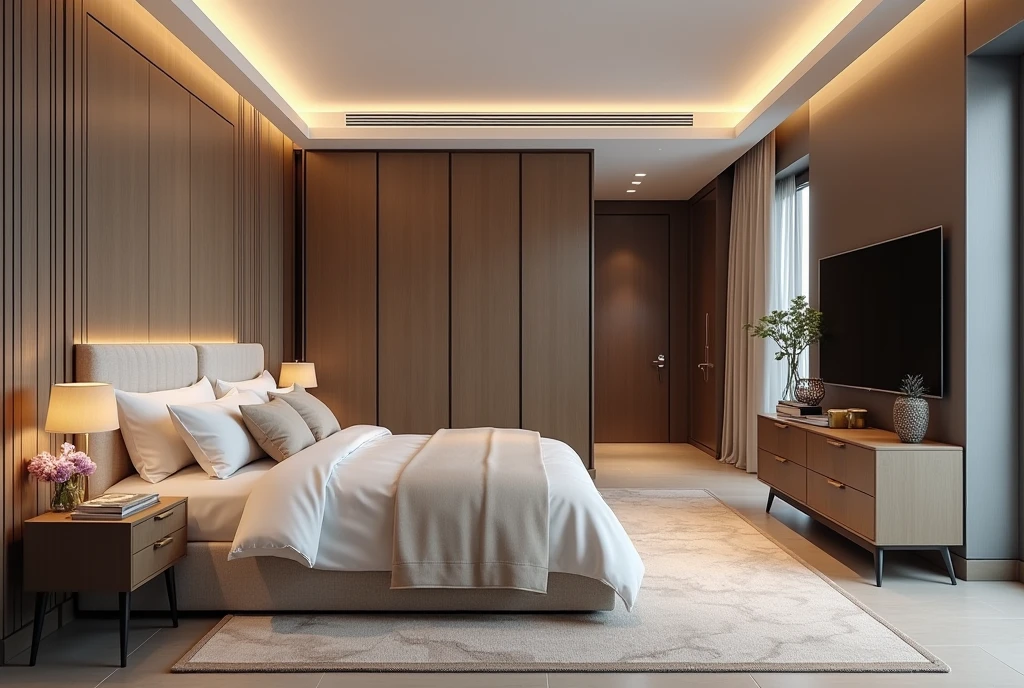 A room in an apartment with expensive and beautiful renovation, modern furniture in (High-tech) styled, cabinet, Commode, bed, TV stand, very correctly and professionally selected colors and interior,