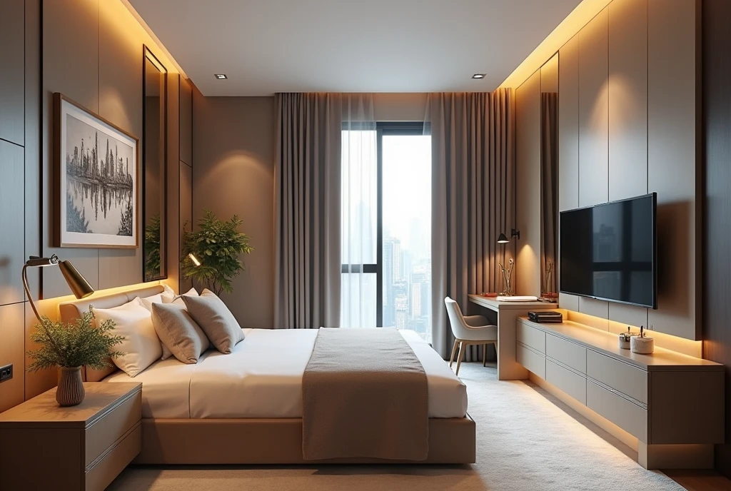 A room in an apartment with expensive and beautiful renovation, modern furniture in (High-tech) styled, cabinet, Commode, bed, TV stand, very correctly and professionally selected colors and interior,