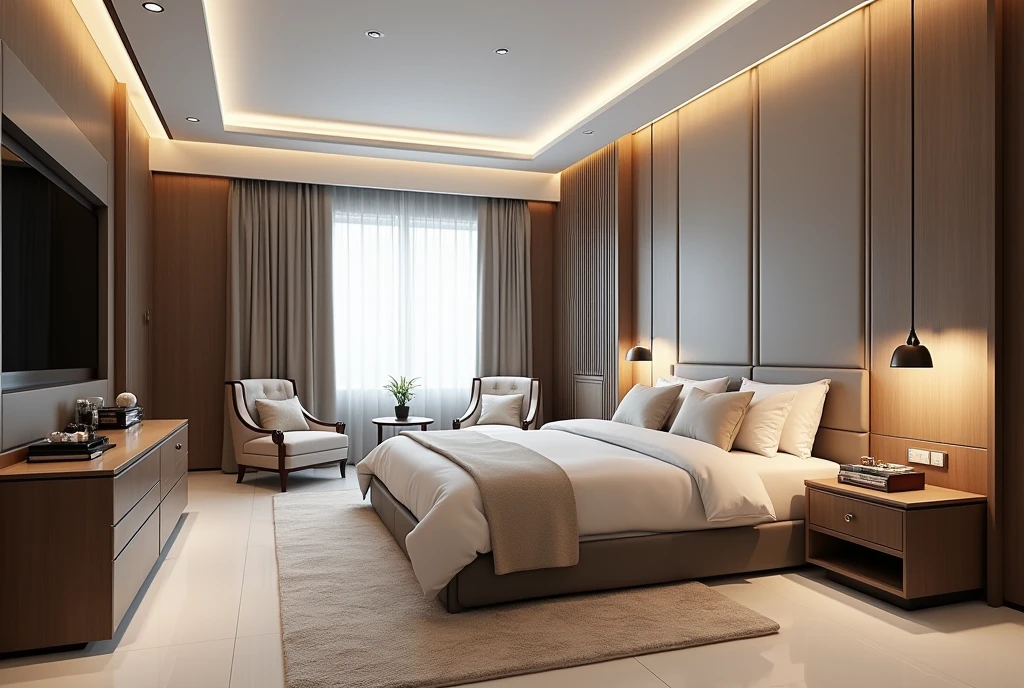 A room in an apartment with expensive and beautiful renovation, modern furniture in (High-tech) styled, cabinet, Commode, bed, TV stand, very correctly and professionally selected colors and interior,