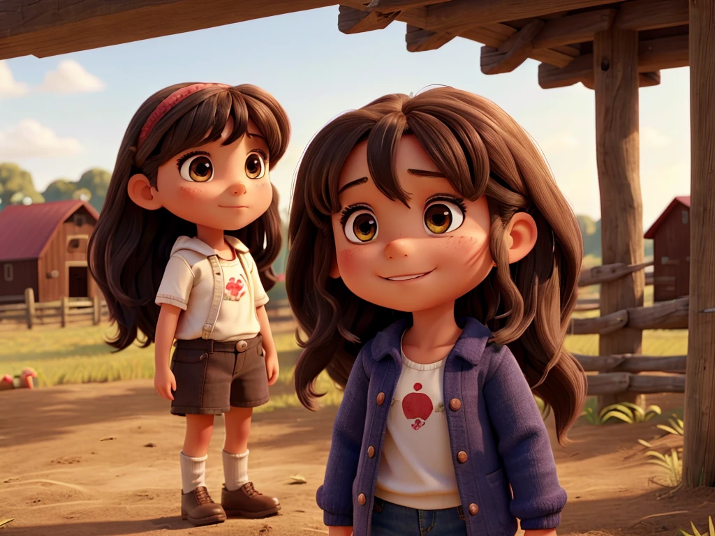 on a farm, a 6 years-old female child talks to her mother. This child has fair skin, very long hair in dark brown color, dark shaped eyes, with bangs.