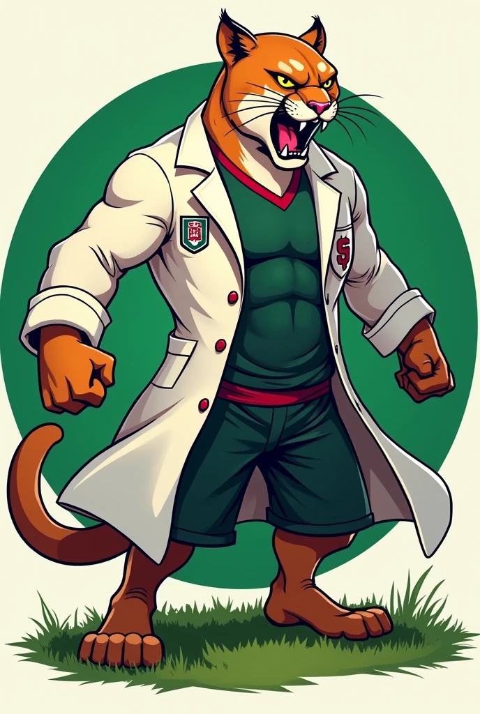 Not so realistic animation of an angry and muscular puma wearing a university athletics lab coat with a round and green background