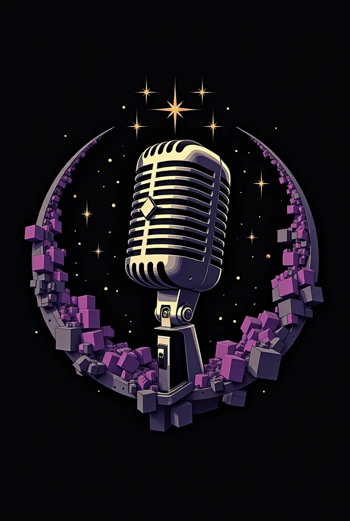 - Form: Black circle with a stylized microphone in the center.
- Microphone: Stylized with curved and ornamental lines reminiscent of Gothic architecture.
- Minecraft blocks: Creatively arranged on the microphone base, forming a "corona".
- Text: "Dead Singer" in a modern and minimalist typography, with a touch of elegance and sophistication.
- Colors: negro, purple and gold.
- Details: The microphone and Minecraft blocks have gold details, while the text and some additional details have a hint of purple.