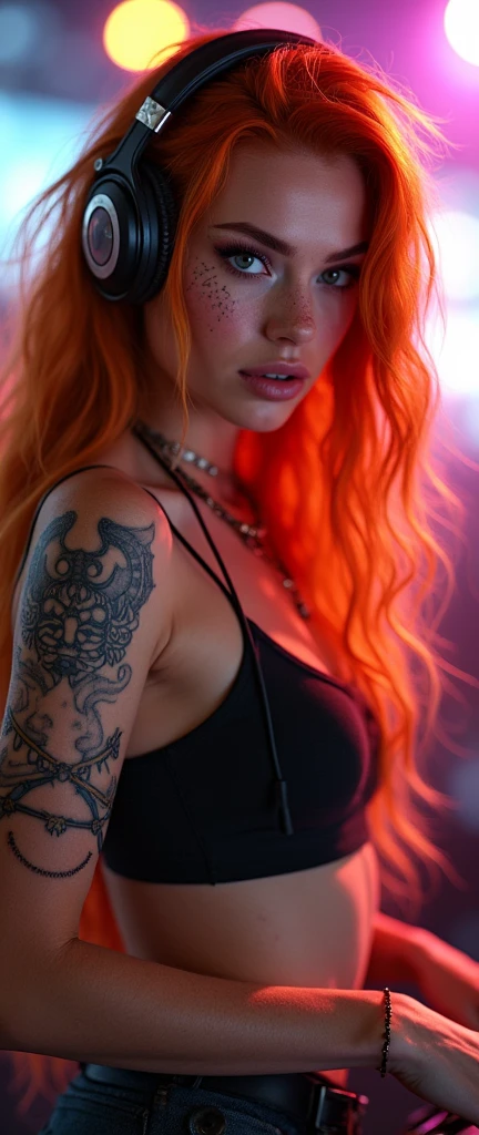 vibrant, lush, cinematic, cinematic lighting, bueatiful lightining16k 4k ultra realistic portait an assertive cocksure full of oneself self-confident sexy sultry supermodel vibrant lush smooth long ginger hair ferice battle maiden norse EDM DJ female warrior dj djing with dj decks adorn with norse symbols freckles and tattooed her swagger confidence and defiance, and she flaunts it dangeriously dirty shamelessly at rave decicated to the gods of norse mytholog
