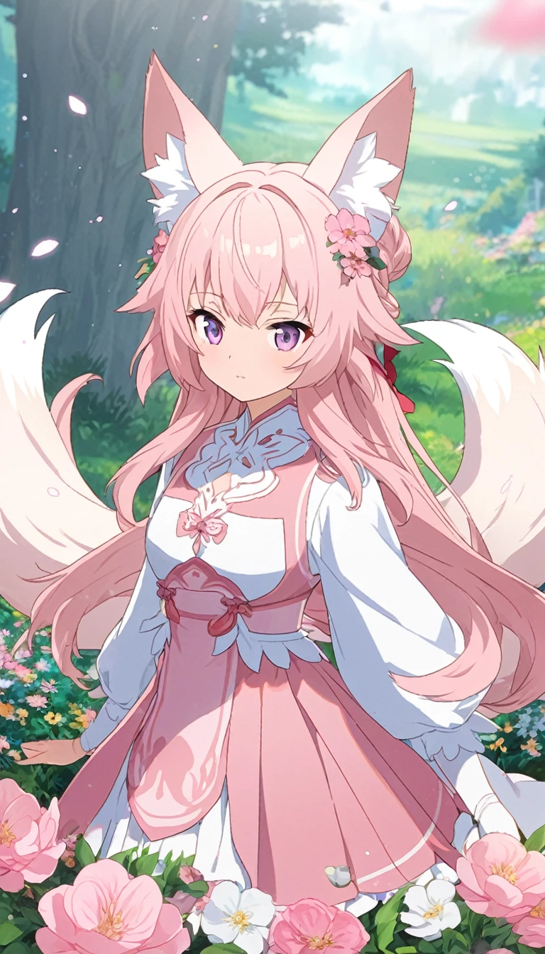 9 snow-white fox tails (1.0), Milky Fox Tail (1.0), Nine-Tailed Foxの狐のクローズアップ, Nine-Tailed Fox, Nine-Tailed Fox, With pink hair、Anime girl in a pink dress with flowers in her hair, very Beautiful anime fox girl, Beautiful anime fox girl, Beautiful fantasy anime, Gwaiz, Anime girl with fox ears, Beautiful Anime Girls, Very beautiful and cute fox girl, Pink flower rain, Background Blur, Anime Style 4k, Anime fantasy artwork, 4k anime wallpaper, Gubes-inspired artwork