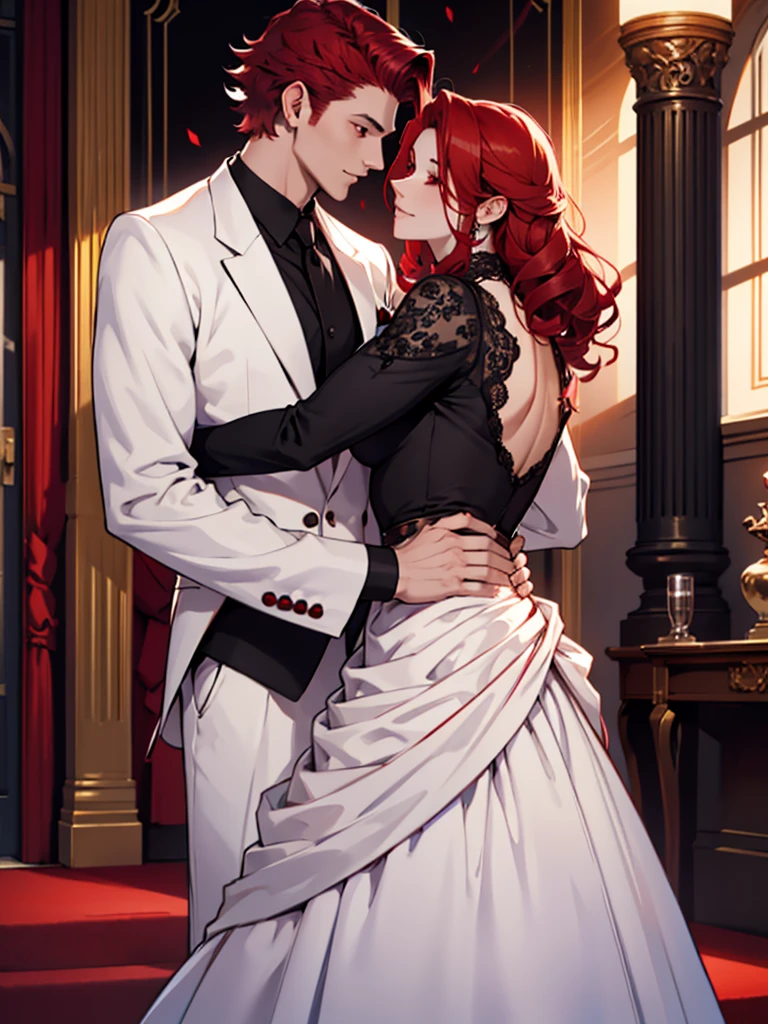 1 guy with short red hair, in a classic black and white suit, Red eyes, hugs 1 girl with long purple hair, red ball gown, decorations, dynamics, Love
