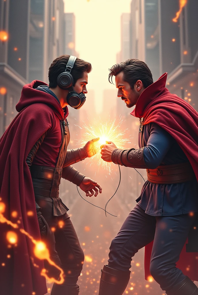 Young Star-lord with red hoodie, headphones, star-lord helmet, gas helmet, covered mouth, round red eyes, Red eyes, magic rings in the hands and rocket boots, Vs. Doctor strange , Fighting, power, fiction, full body, 2 person, magic lasso, hight, fall, fire in boots, poweful spells, fighting, realistic, helmet, mask, red cape, confrontation, punch, gun, flying in the sky, city