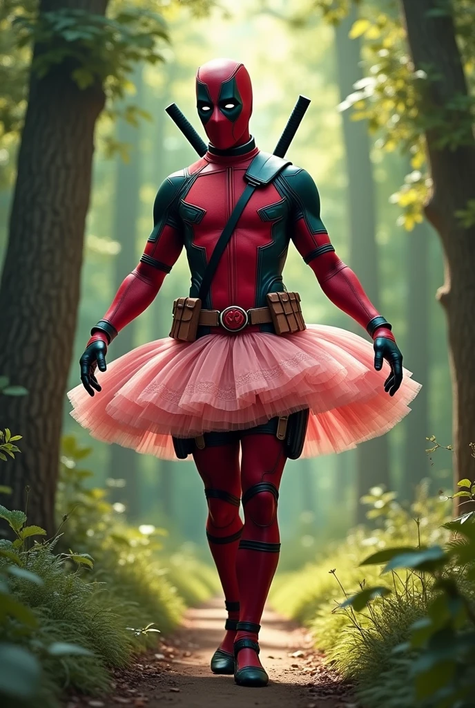 Deadpool in a ballet dress, posing for a photo in a forest landscape 