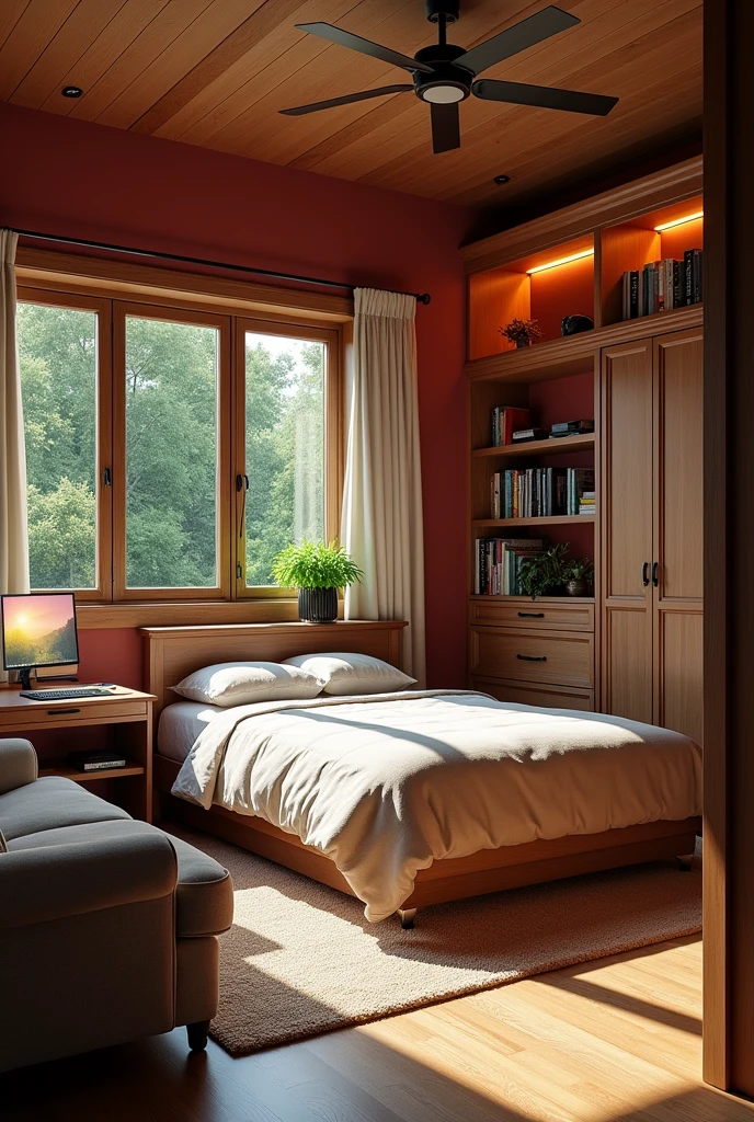 Make a room with the following characteristics: The walls are a soft red color, and natural light enters through large windows that overlook a green garden, The bed is large with a firm but soft mattress, with soft and fresh cotton sheets, a quilt with a pleasant texture to the touch. and two fluffy pillows. . Next to the bed there is a large and spacious wardrobe made of oak wood.. In the center of the room, A soft beige carpet covers the wooden floor. On the carpet there is a dark wooden coffee table and near the table there is a large and comfortable grey sofa., Perfect for reading a book or chatting with friends. In front of the coffee table is a 219-inch television with an elegant style., with 8K resolution and touch screen. In one corner there is a wooden desk with a black leather swivel chair., On the desk is a gaming computer illuminated with LED lights. There are also lava lamps above the desk that illuminate the workspace., where I can concentrate on my tasks. In another corner, There is a bookshelf full of books and manga, action figures and anime posters and music bands on the walls, creating a personal atmosphere. Next to the bookshelf, There is another shelf but with classic and modern video game consoles with their respective controls and games..

