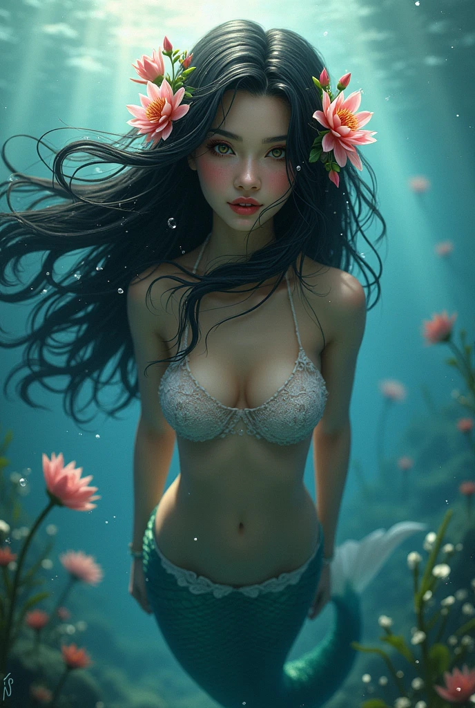 mermaid, black hair adorned with flowers, swimming in the seas, looking at the camera