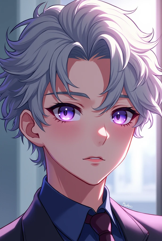 Anime, handsome youth, curly silver hair, mesmerising amethyst eyes