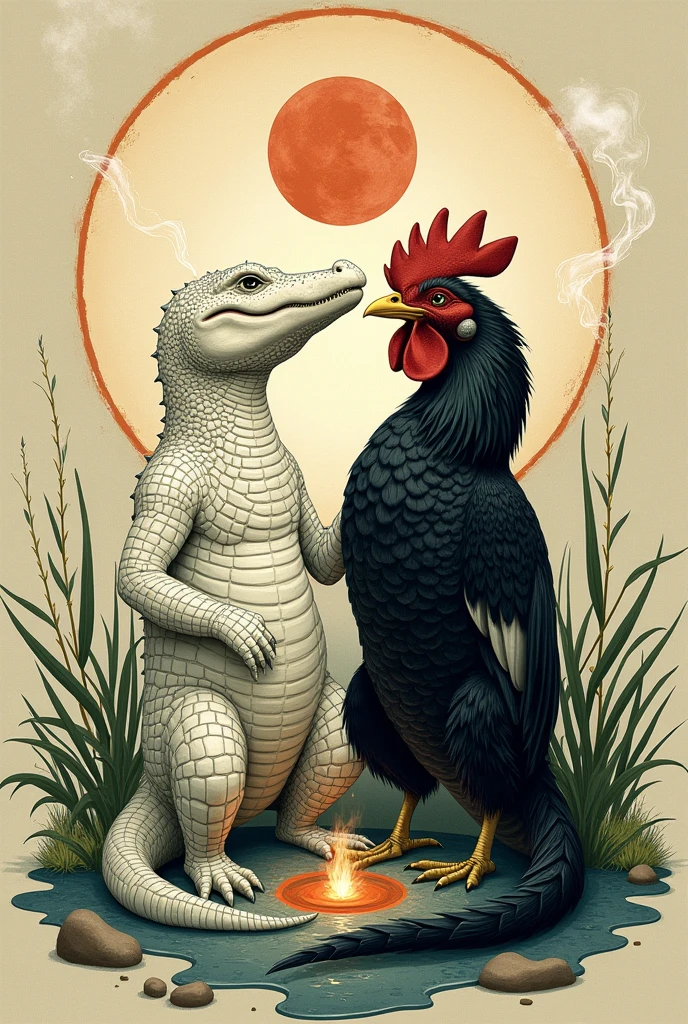 White crocodile and black rooster back to back smoking marijuana in Japanese art ying yang style with chakras graff style natural essence