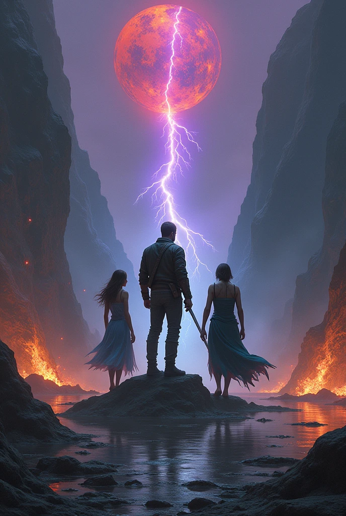 Une terre, qui est entourée des éléments : terre, eau, vent, feu, et ombre.
Met du feu a côté, de l'eau, une boule noire et violette, transpercée par un éclair rouge en face d'eux.
Tous ces éléments ne se touchent pas. Ils sont éparpillés sur l'ensemble de l'image.
Ils y a trois personnes : deux hommes de dos et une femme de dos aussi.
Le plus grand de deux est au centre, avec une veste en cuire usée couleur marron. Il a le pied sur un rocher.
L'autre homme est à sa gauche est un peu moins grand. Il a les cheveux longs attachés et une longue veste qui prend feu, une épée en feu à la main. La fille a droite a une long robe bleue avec un tissu blanc sur l'épaule. Elle marche dans une flaque d'eau.
Un seul éclair est rouge et immense en face d'eux.
Il n'y a pas de planète qui volent. Ils se trouvent dans le creux d'une montagne, sombre.