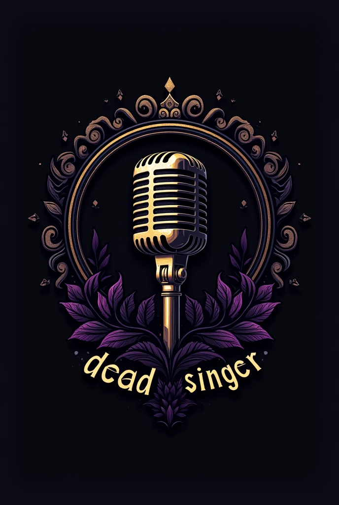 - Form: Black circle with a stylized microphone in the center.
- Microphone: Stylized with curved and ornamental lines reminiscent of Gothic architecture.
- Minecraft blocks: Creatively arranged on the microphone base, forming a "corona".
- Text: "Dead Singer" in a modern and minimalist typography, with a touch of elegance and sophistication.
- Colors: negro, purple and gold.
- Details: The microphone and Minecraft blocks have gold details, while the text and some additional details have a hint of purple.
